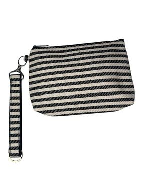 Thirty-One Wristlet Zip Pouch Cream and Black Stripe Key Fob Twill Stripes